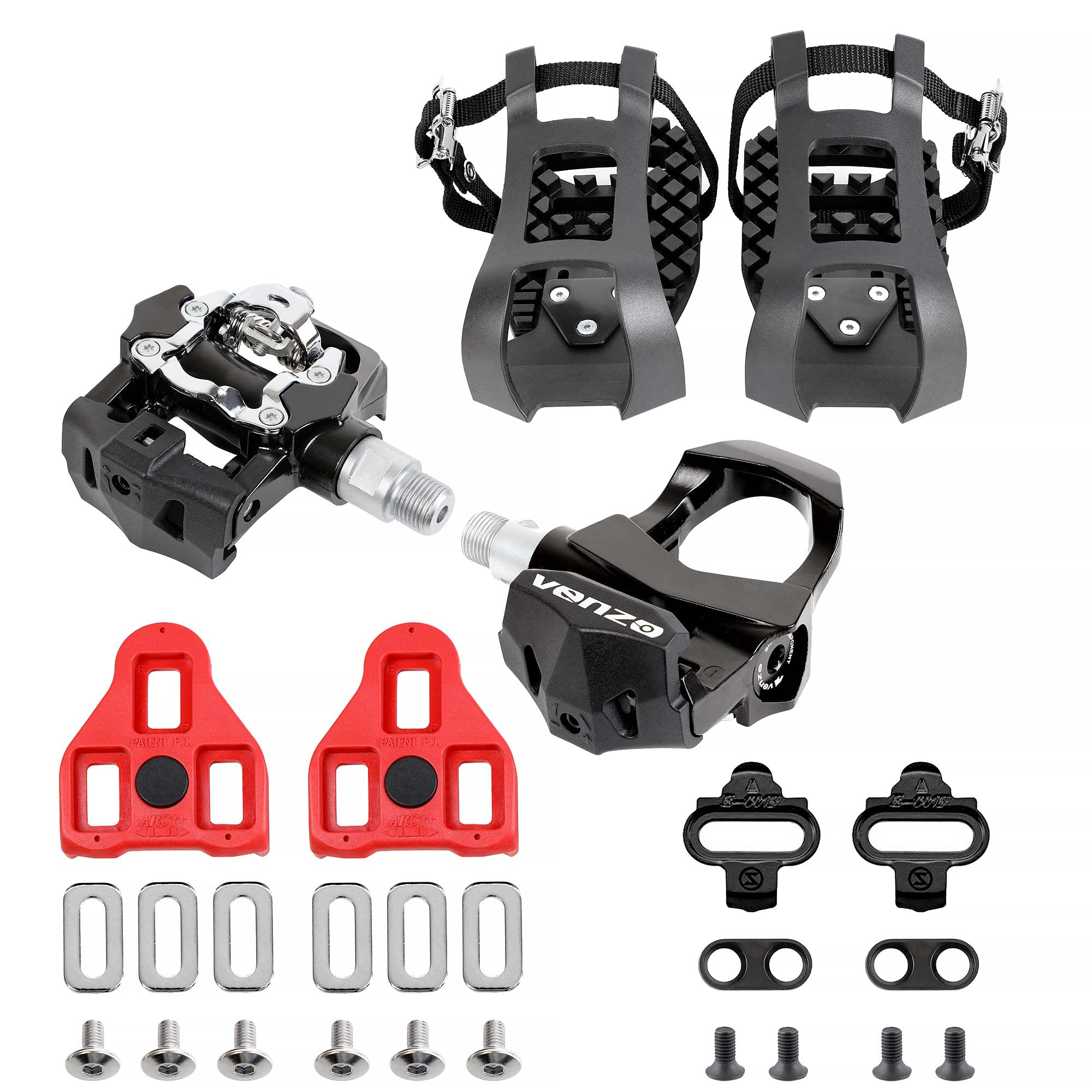 VENZO Sealed Fitness Exercise Indoor Bike Bicycle Pedals & Cleats - Compatible with Peloton, Look Delta & Shimano SPD - with Toe Cages Pedals Set or Cage Removal Tool for Indoor Fitness Exercise